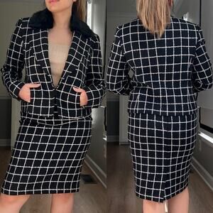 Nine West Tweed Black White Plaid Jacket and Skirt Set 6/8 Faux Fur